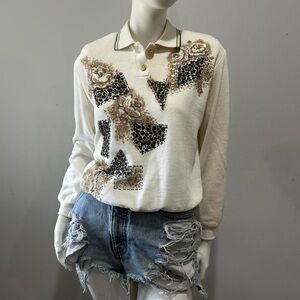 Vintage Retro Teddi Petite Leopard Patchwork Long Sleeve Pullover Polo Knit